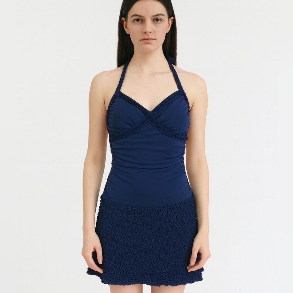 Y2K Slate Blue Frederick's of Hollywood Halter Mini Coquette Dress 👗Size XS